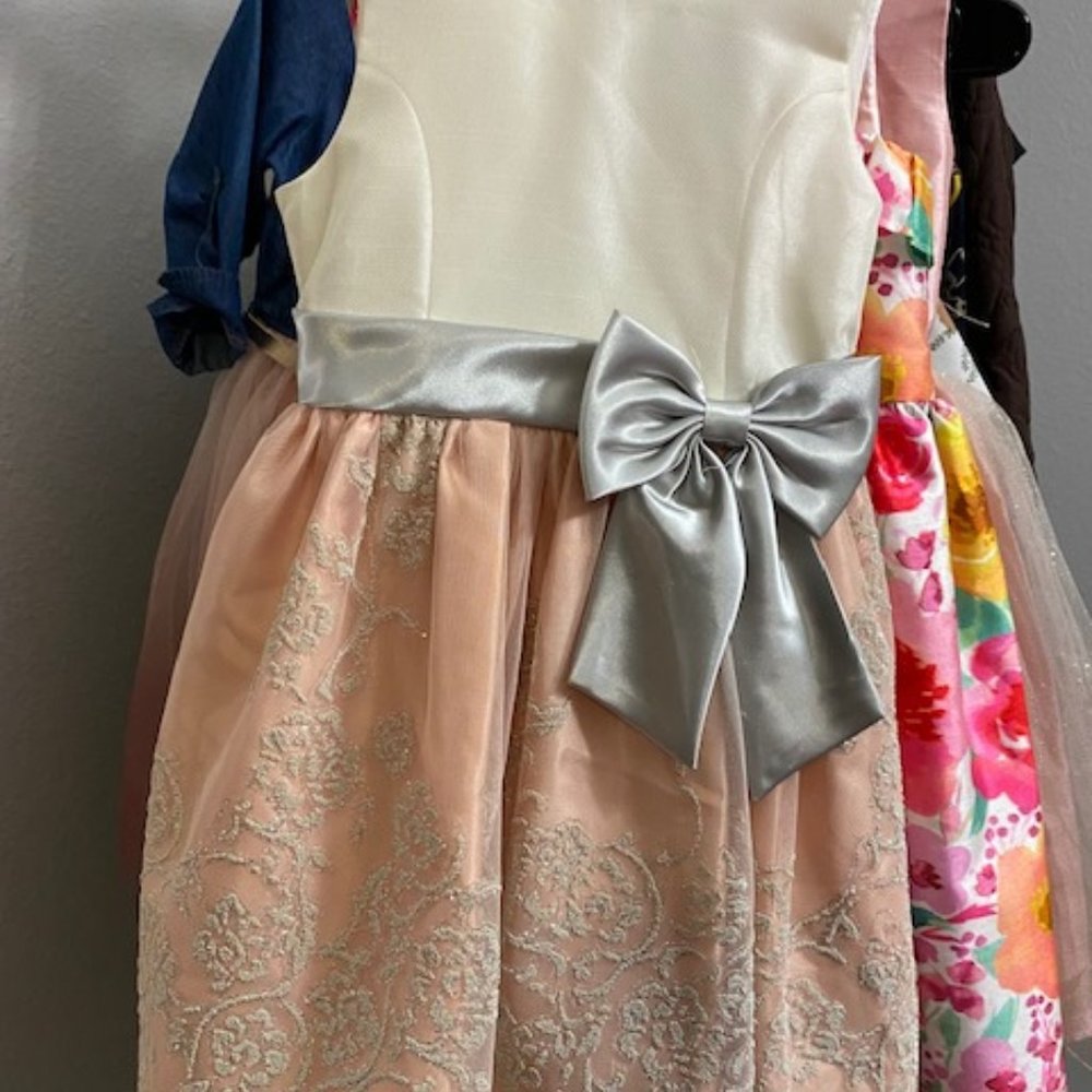 Girls Off- white Pink and Silver Trim Formal Dress Sz 5